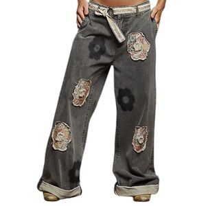POL Cotton Wide-Leg Pants Black Wash with Floral patched Pants